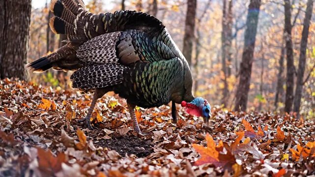 Wild turkey foraging in autumn forest leaves foliage nature seasonal wildlife bird - Powered by Adobe