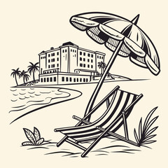 Hand drawn beach shears with umbrella. Doodle vector vintage sunbed illustration. Pool, hotel resort, lounge outdoor furniture. Sun shadow seat with parasol. Sea vacation design element
