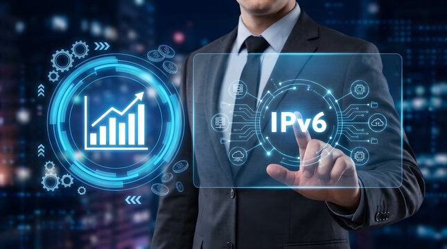 Businessman in formal suit interacting with virtual IPv6 interface, futuristic internet and cloud concept