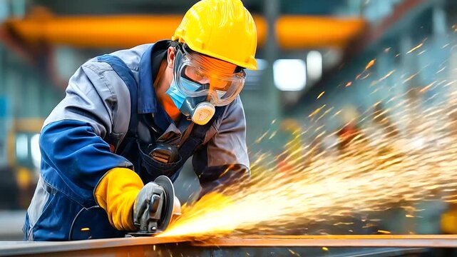 Metal sparks flying as worker cuts steel beam, glowing particles, protective mask reflections, industrial atmosphere, blurred background with copy space