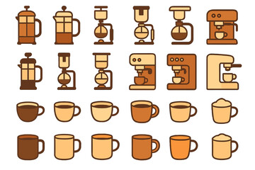 Different coffee makers and cups arranged in a grid showing various brewing methods and serving styles