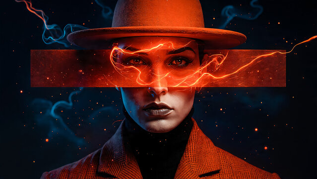 Portrait de femme portant un chapeau avec un bandeau rouge devant les yeux