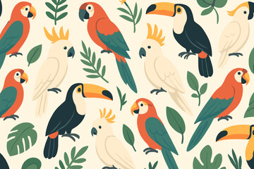 Fototapeta premium Colorful birds and tropical leaves create a lively pattern showcasing wildlife in a natural setting