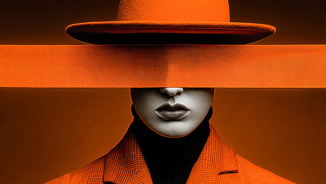 Portrait de femme portant un chapeau avec un bandeau rouge devant les yeux
