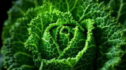 Vibrant macro slow motion reveal of a perfect green kale heart spiraling outward in stunning detail