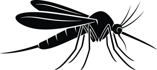 Mosquito silhouette vector, black insect illustration, long legs, segmented body, wings, proboscis, disease carrier, pest control, simple design, public health, Zika, malaria
