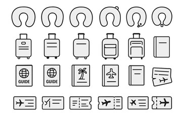 Travel essentials and items for a trip organized in simple designs presented in black and white