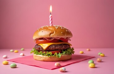 Delicious cheeseburger with bun, patty, cheese, lettuce, tomato, onion. Lit birthday candle on top. Colorful candies scatter on pink table background. Image presents playful food celebration concept.