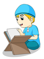 Young Muslim Boy Reading Quran on a Rehal