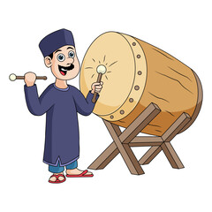 Happy Muslim Boy Playing Bedug Drum for Eid Celebration