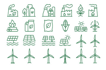 Symbols representing renewable energy sources and sustainability initiatives in various forms and styles for environmental awareness