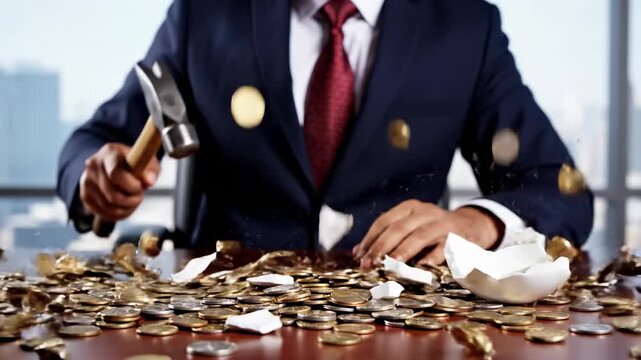 Businessman breaking piggy bank and scattering coins in office setting. symbolizes financial planning and resource management.