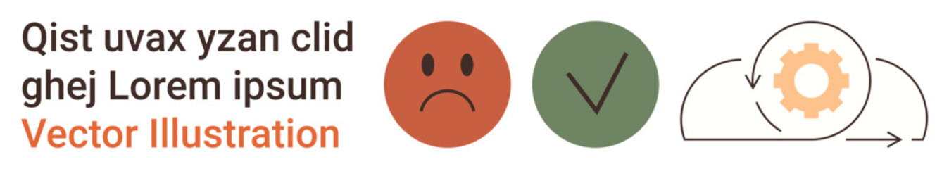 Error detection, quality assurance, decision-making, automation, data processing, productivity. Frowning face, checkmark and cloud with gear icon. Error detection and quality assurance concept