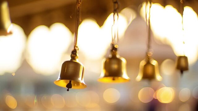 Golden temple bells hanging under sunlight with soft bokeh background, spiritual religious atmosphere scene showing devotion, peace and mindfulness, sacred worship concept for meditation, culture, tra