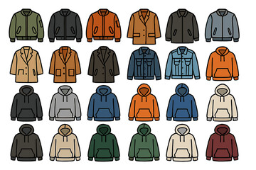 Fototapeta premium Different styles of jackets and hoodies on a white background showcasing various colors and designs for casual wear
