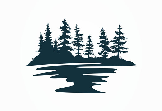 Pine trees, forest and Lake vector silhouette illustration, graphics