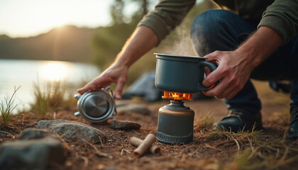 Man puts a pot on a portable gas stove to boil water for food. Tourist prepares a hot meal while camping in nature near a lake at sunset. Hiker cooks during an adventure trip in the wild.