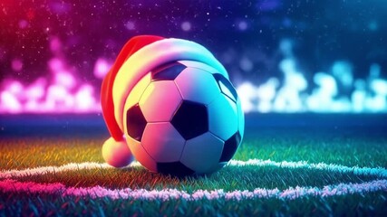 Soccer ball wearing a red Santa hat on a vibrant green field with colorful lighting. Christmas season sport, holiday game concept.