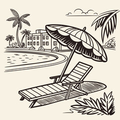 Hand drawn beach shears with umbrella. Doodle vector vintage sunbed illustration. Pool, hotel resort, lounge outdoor furniture. Sun shadow seat with parasol. Sea vacation design element