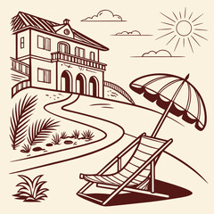 Hand drawn beach shears with umbrella. Doodle vector vintage sunbed illustration. Pool, hotel resort, lounge outdoor furniture. Sun shadow seat with parasol. Sea vacation design element