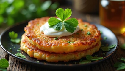 Traditional Irish potato pancakes boxty for St. Patrick Day celebration. Festive dish topped with sour cream, fresh shamrock on rustic plate. Homemade cuisine with glass of beer for Irish holiday