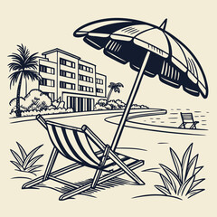 Hand drawn beach shears with umbrella. Doodle vector vintage sunbed illustration. Pool, hotel resort, lounge outdoor furniture. Sun shadow seat with parasol. Sea vacation design element