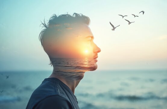 Double exposure man profile silhouette ocean sunset birds flying freedom. Peaceful calm mind contemplates nature sunrise horizon, new day begins. - Powered by Adobe
