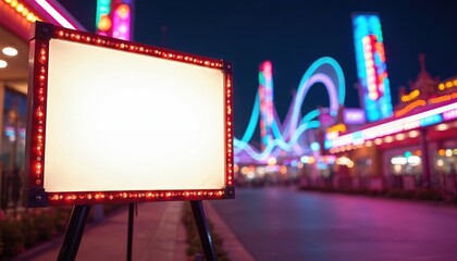 Blank white signboard with red lights at entrance of vibrant amusement park at night. Colourful roller coaster, neon lights in background. Bright signage display for advertising, branding in fun