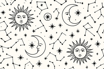 Design featuring sun, moon, and constellations on a white background in a simple style with black outlines