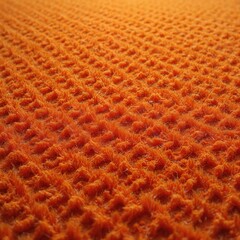 Close up of orange color carpet fabric surface. Vivid textile material shows soft fluffy texture. Patterned background structure with fine fibers. Warm cozy floor covering creates comfortable feel,
