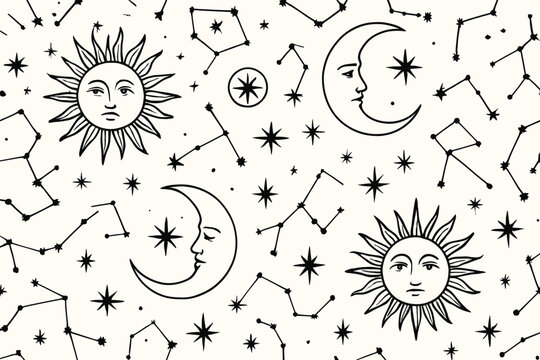 Design featuring sun, moon, and constellations on a white background in a simple style with black outlines
