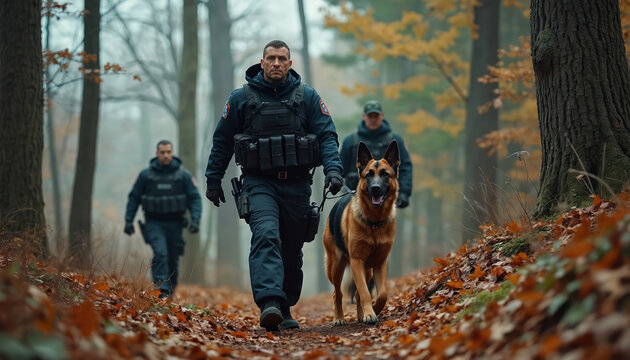 Search and rescue officers with canine partner walk forest path. Team looks for missing person in autumn woods. Men wear tactical gear, dog wears harness. Man and dog lead search effort.