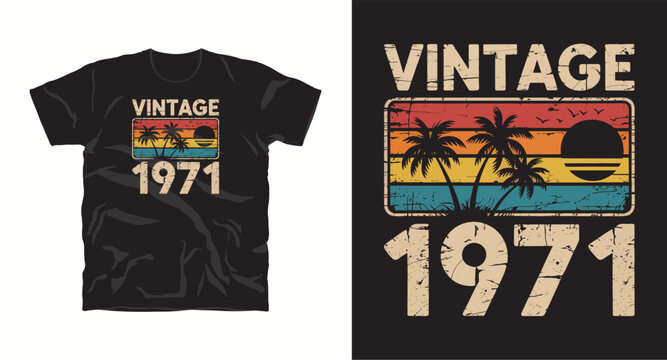 Vintage 1971 t-shirt design with palm trees and sunset for retro apparel