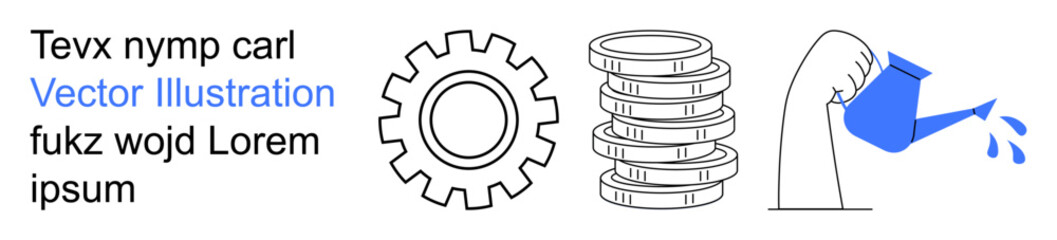 Industry, economy, financial services, investment, sustainability, business growth. Gear symbol, stacked coins and a watering can pouring water. Industry and economy concept visualization