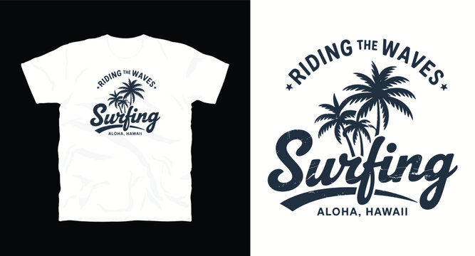 Riding the waves surfing aloha hawaii t-shirt design with palm trees and stars