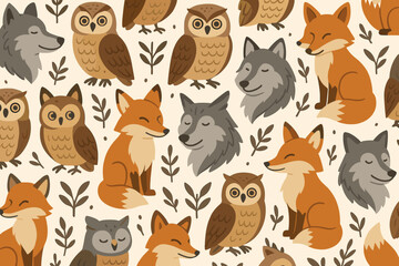 Many animals such as foxes and owls together with leaves on a light background in a simple pattern