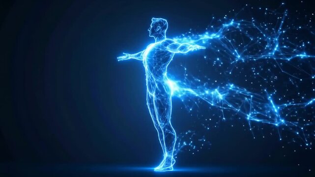 Digital Human Evolution: Abstract Body Transformation with Glowing Blue Particles