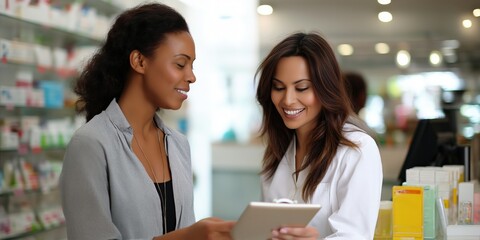 African adult female customer consulting with hispanic adult female pharmacist in pharmacy