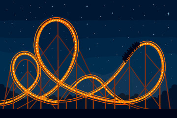 Riders enjoy a thrilling experience on a roller coaster during a night event with bright lights and a starry sky
