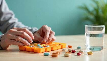 Elderly hands sorting pills from organizer. Senior takes medication with water. Concept for aging issues, daily routine, chronic disease management, healthcare. Adherence to medication schedule vital.