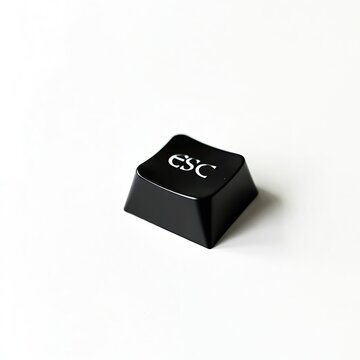 Black ESC key isolated on white. Single escape button from computer keyboard. Symbolizes control, exit and cancellation of process. Close up detail shot in studio provides tech feel.