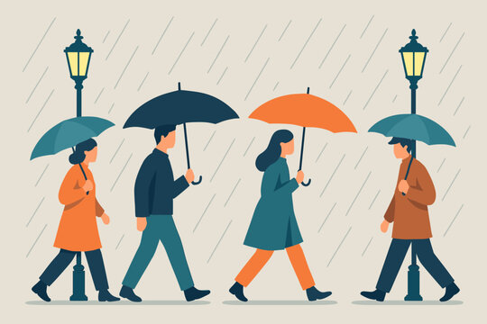 Group of four people walking under umbrellas in the rain on a city street with lamp posts during a rainy day