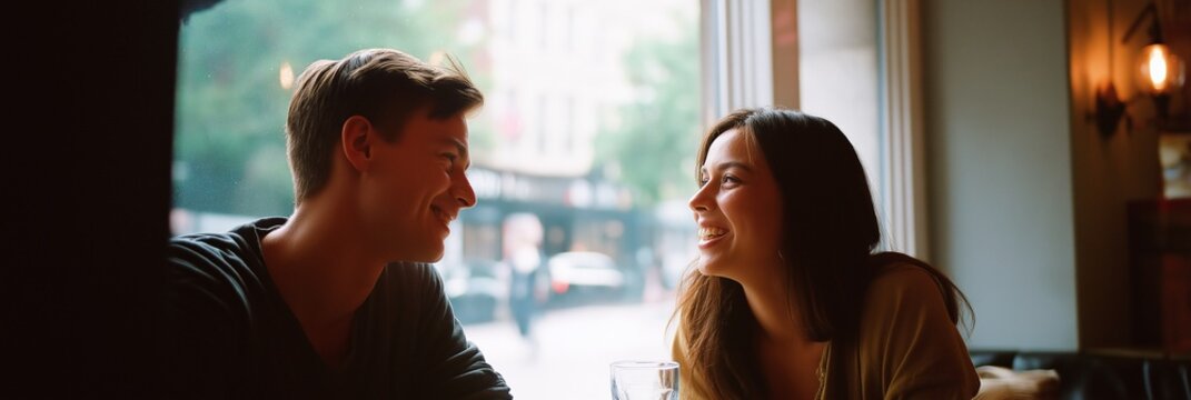 Young caucasian couple enjoying a cozy café conversation by the window - Powered by Adobe