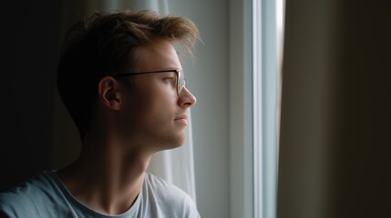 Young caucasian male wearing glasses looking thoughtfully out a window