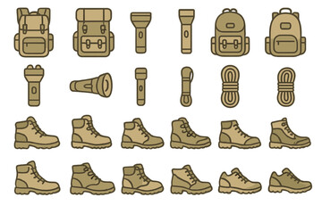 Collection of outdoor gear including backpacks, flashlights, ropes, and hiking boots arranged in a pattern for adventure enthusiasts