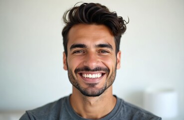 Close up portrait of handsome dark haired man with beard. Guy smiles shows white teeth. Male is happy shows emotion with face against white background. Person is in his thirties.