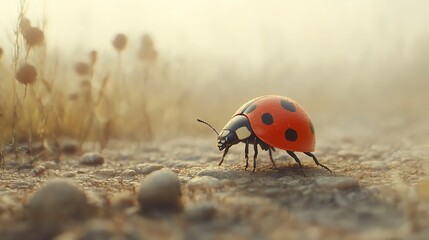 Obraz premium Ladybug on rocky ground with dry plants in the background at sunset