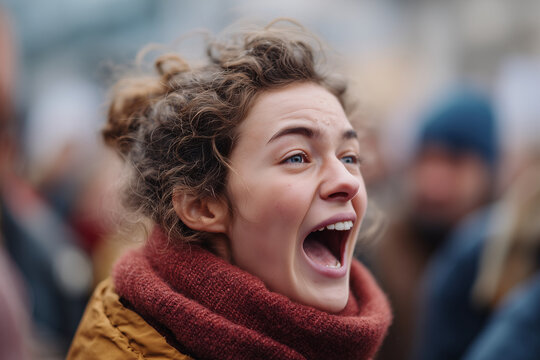 A woman with curly hair is standing in a crowd of people, wearing a red scarf - Powered by Adobe