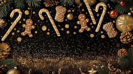 Festive black and gold Christmas banner with gingerbread cookies, candy canes, pine branches, ornaments, and shimmering golden glitter. Background for holiday promotions and elegant seasonal designs.