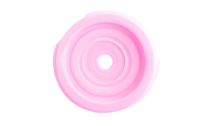 Circular pink swirl with a black center. White outline. Isolated on a black background